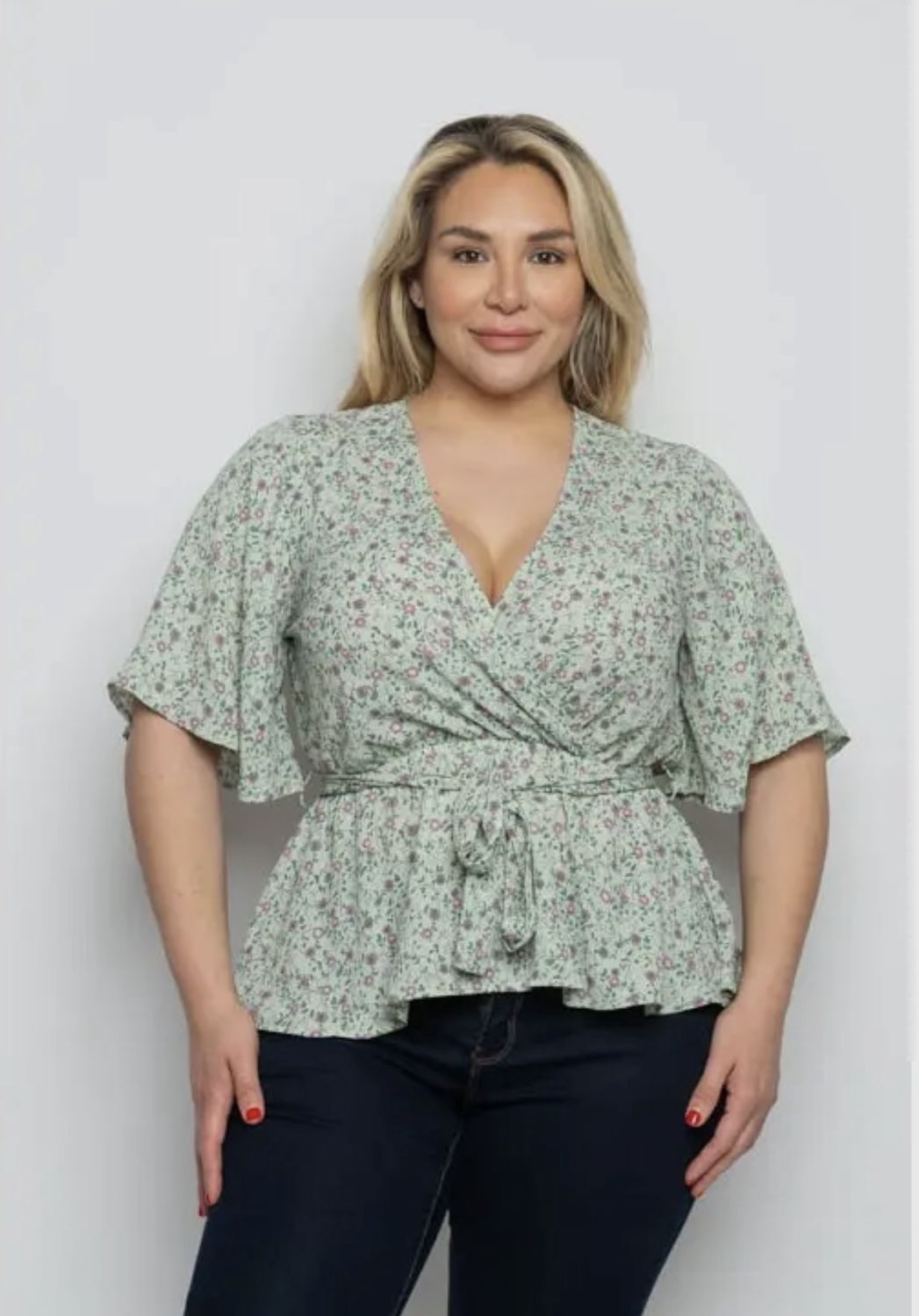 Diane Floral Print Tie Waist Peplum Blouse - Sage