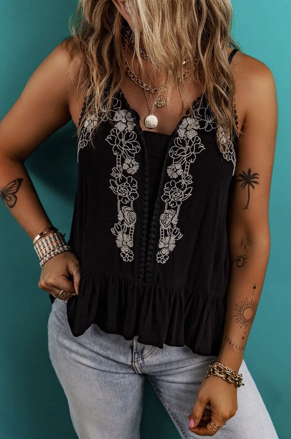 Floral Embroidery Tank Top, Color: Black, Size: Small