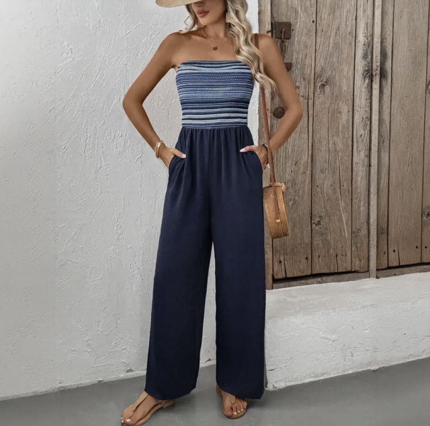 Tori Striped Jumpsuit, Color: Navy Blue, Size: Small