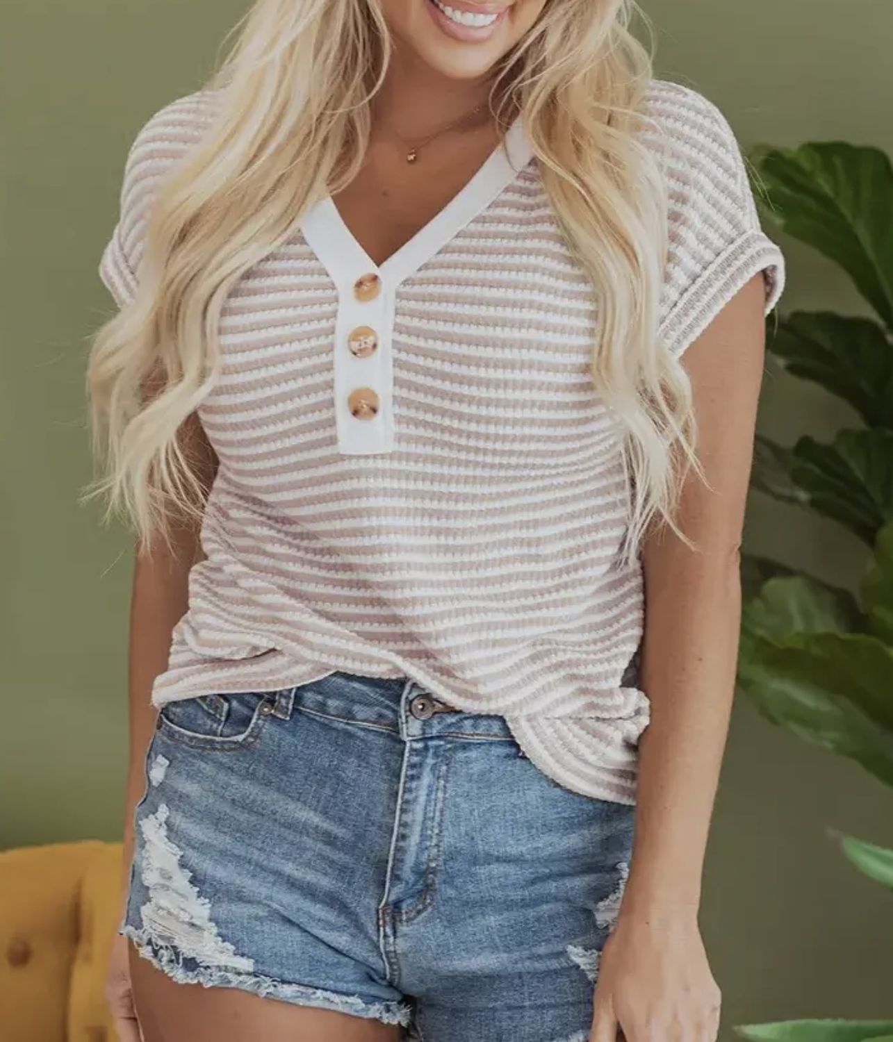 Nikki Stripe Buttoned Front Top, Color: Khaki, Size: Small