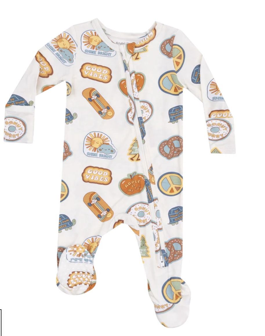 Groovy Vibe Stickers Romper, Color: Tan, Size: 0-3M