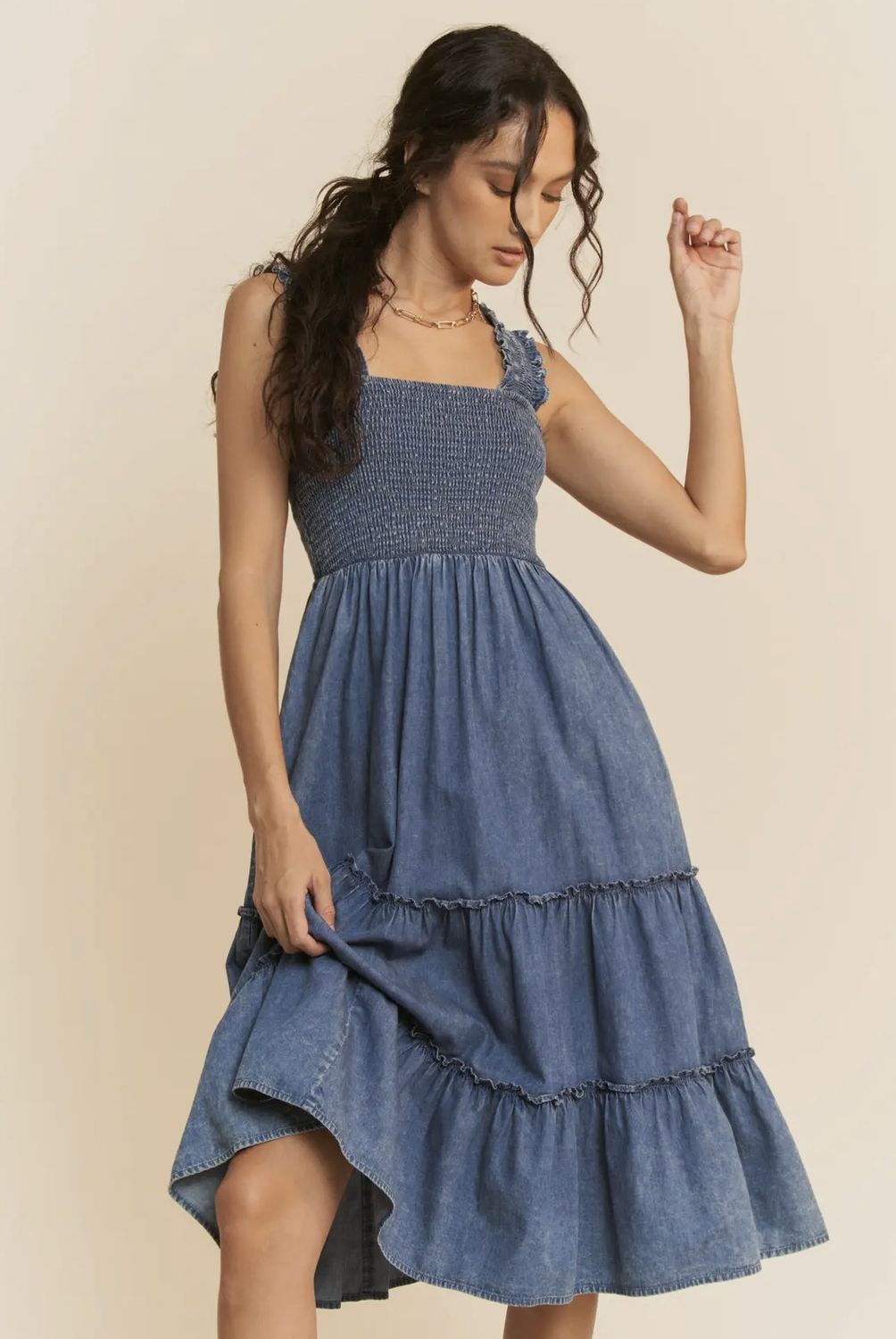 Denim Smocking Midi Dress, Color: Denim, Size: Small