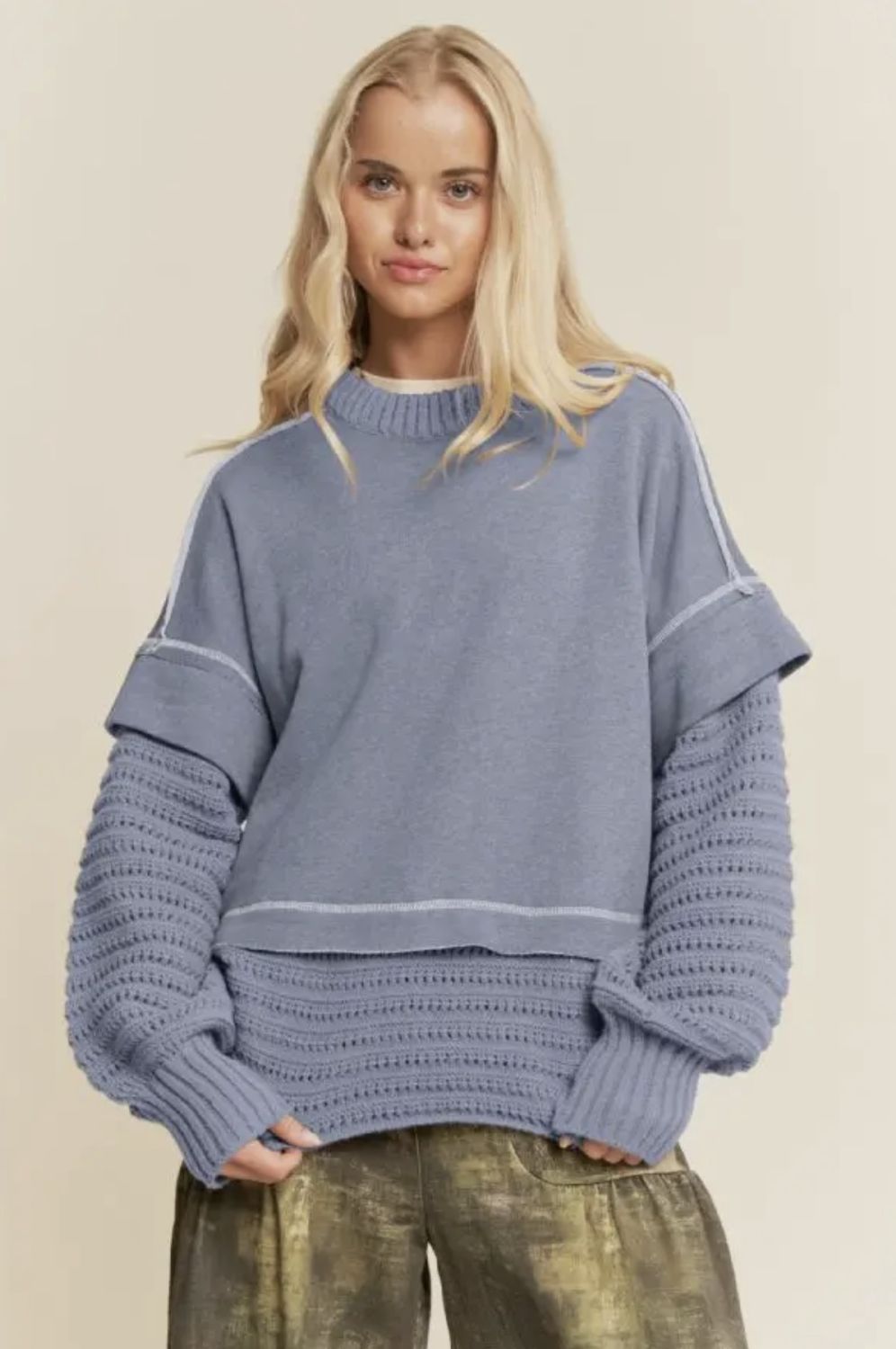 Chunky Ribbed Knit Sweater, Color: Blue, Size: Small