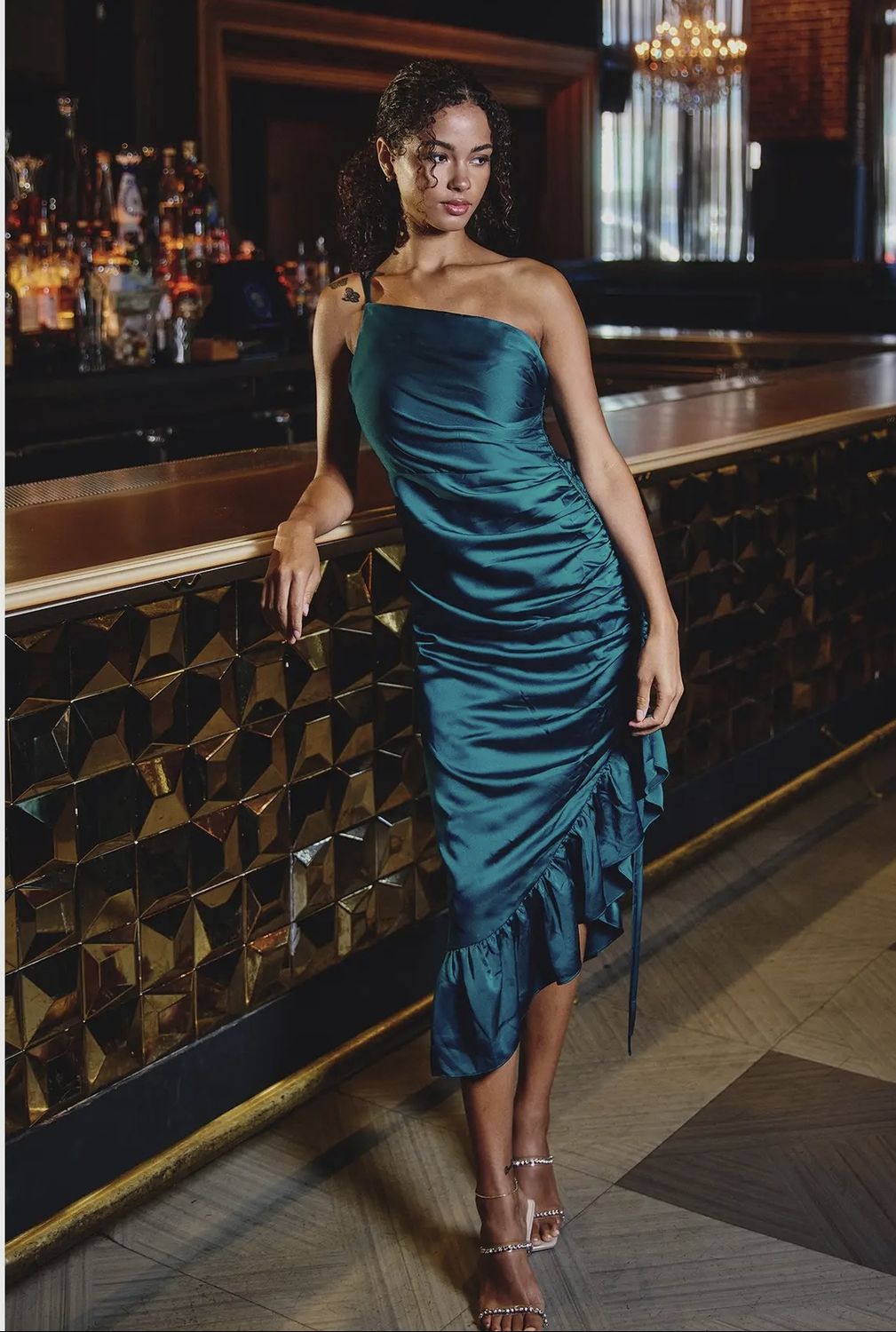 Mercedes Satin Wrap Dress, Color: Atlantic Jewel, Size: Small