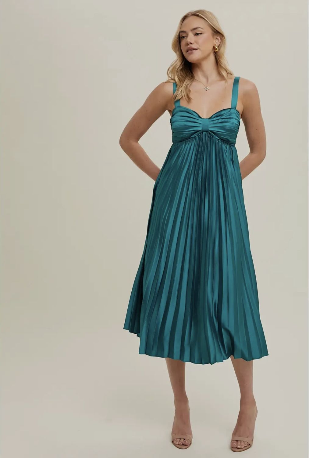 Clarise Pleated Dress - Emerald, Color: Teal Green, Size: Small
