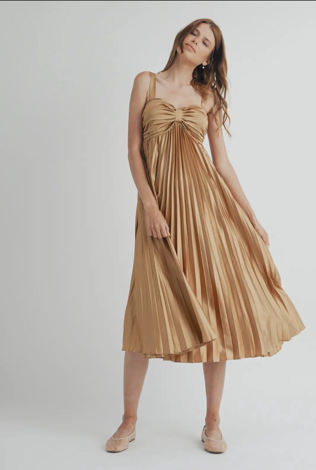 Clarise Pleated Dress - Golden, Color: Golden, Size: Small