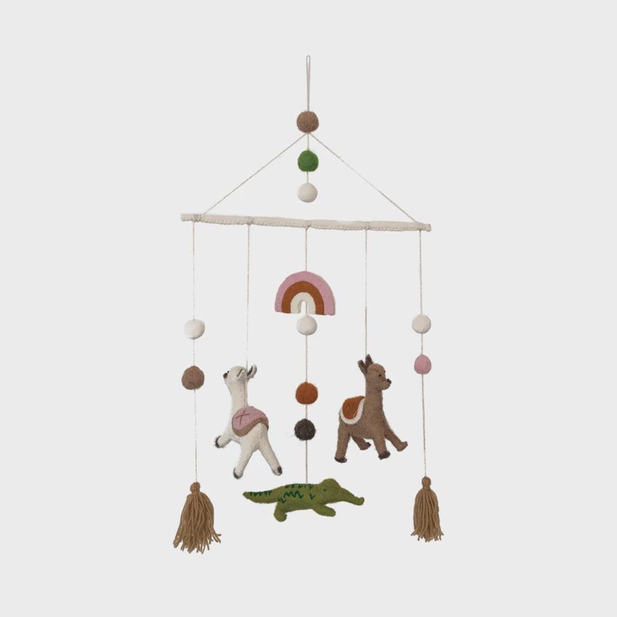 Wool Felt Mobile with Llamas, Alligator and Tassels