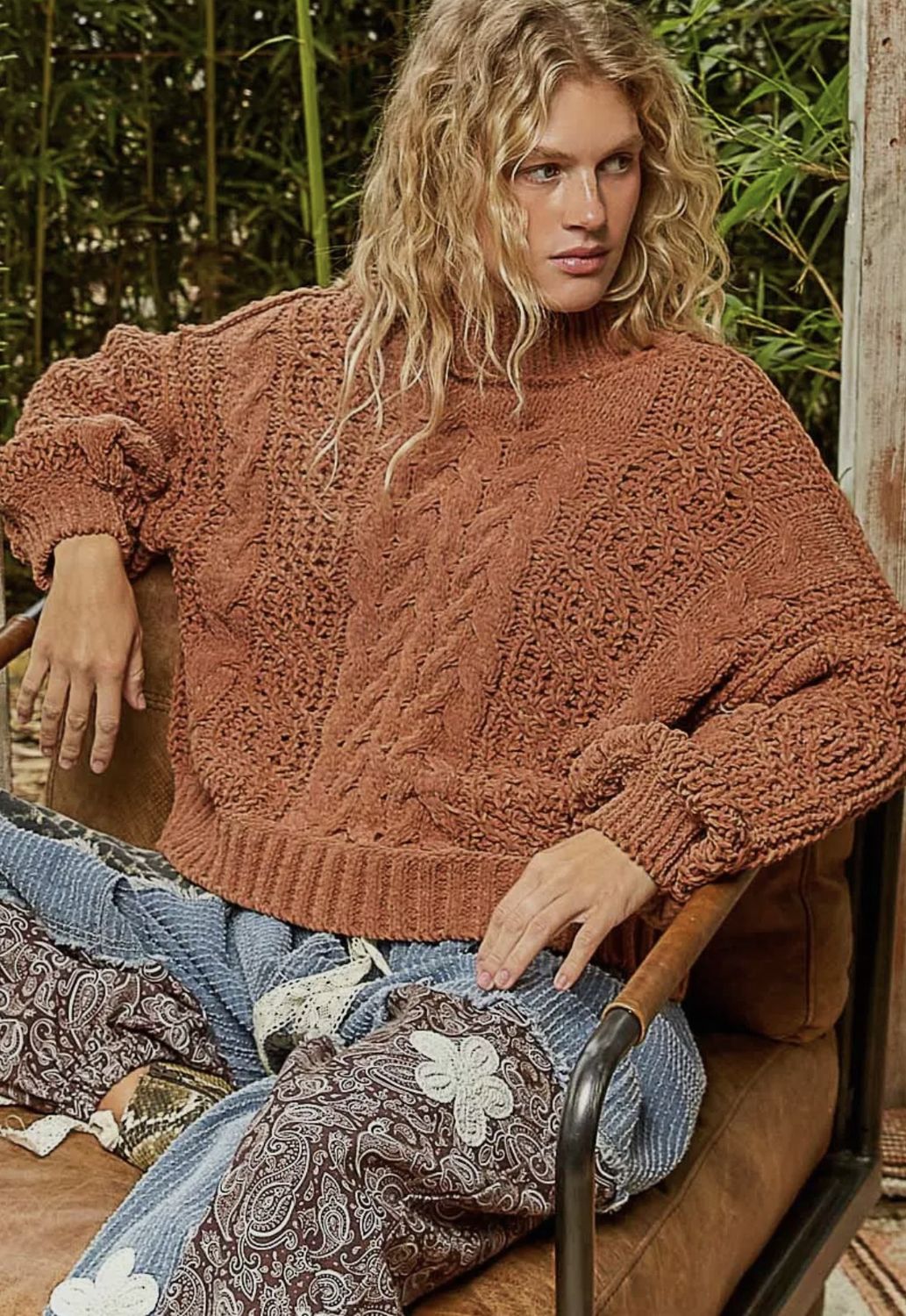 Cozy Balloon Sleeve Knit Sweater, Color: Burnt Topaz, Size: Small