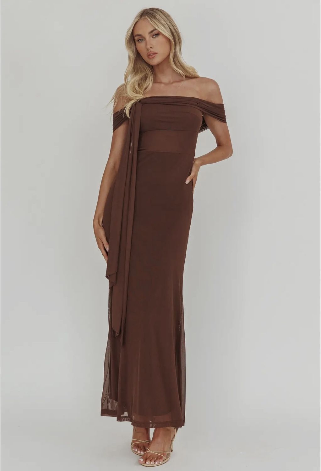 Off Shoulder Bodice Maxi Dress - Chocolate, Size: XS