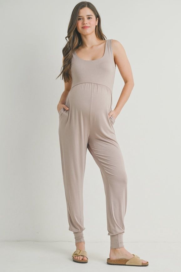 Scoop Neck Sleeveless Maternity Jogger Jumpsuit - Mocha, Size: X-Large