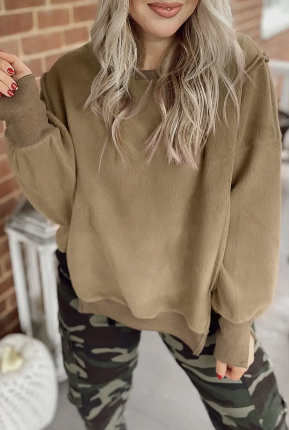 Fuzzy Sherpa Pullover Sweatshirt, Color: Dark Khaki, Size: Small