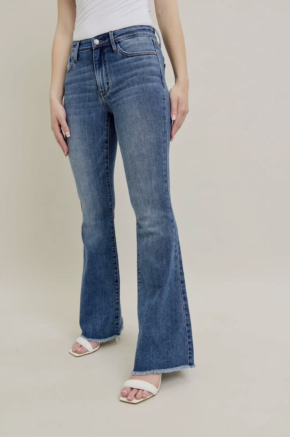 Vintage Wash Flare Distressed Fray Hem Jeans, Color: Denim, Size: 0/24