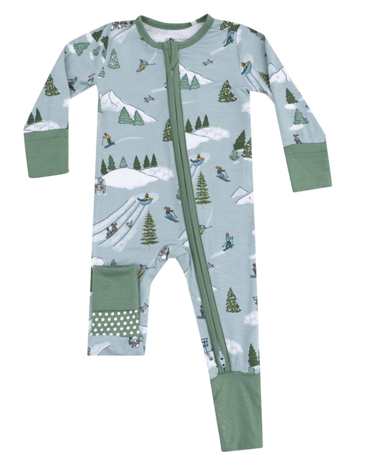 2-Way Zipper Romper -  Winter Fun Skiers, Color: Green Winter Fun, Size: 0-3M