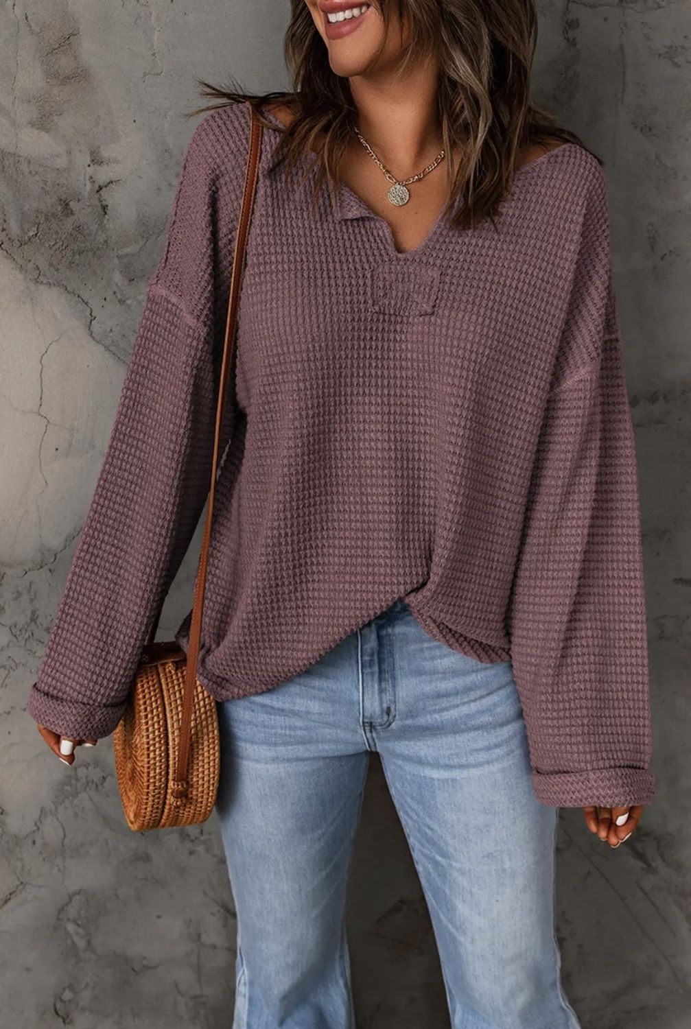 Purple Waffle Long Sleeve Top, Color: Purple, Size: Small