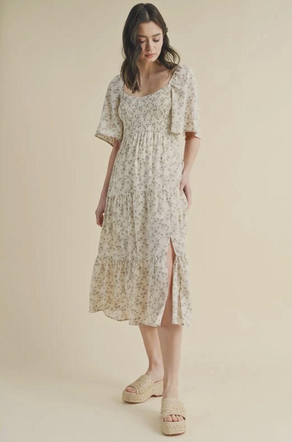 Jessica Floral Tiered Midi Dress, Color: Cream/Stone, Size: Small