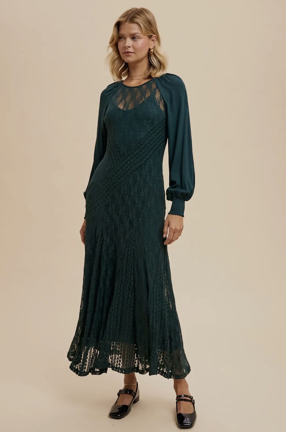 Raglan Vintage Lace Dress, Color: Evergreen, Size: Small