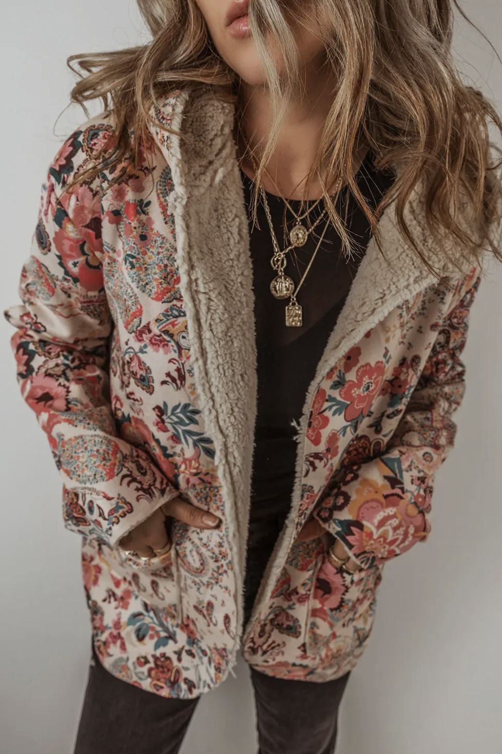 Paisley Floral Sherpa Hooded Jacket, Color: Beige, Size: Small