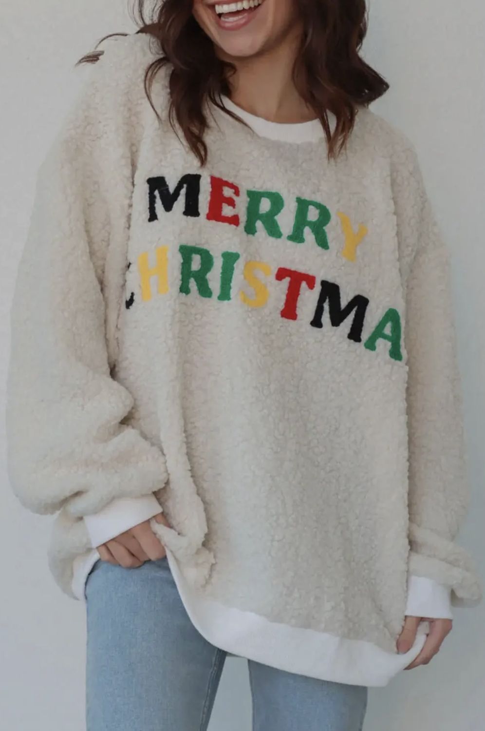Merry Christmas Sherpa  Sweatshirt, Color: White, Size: Small