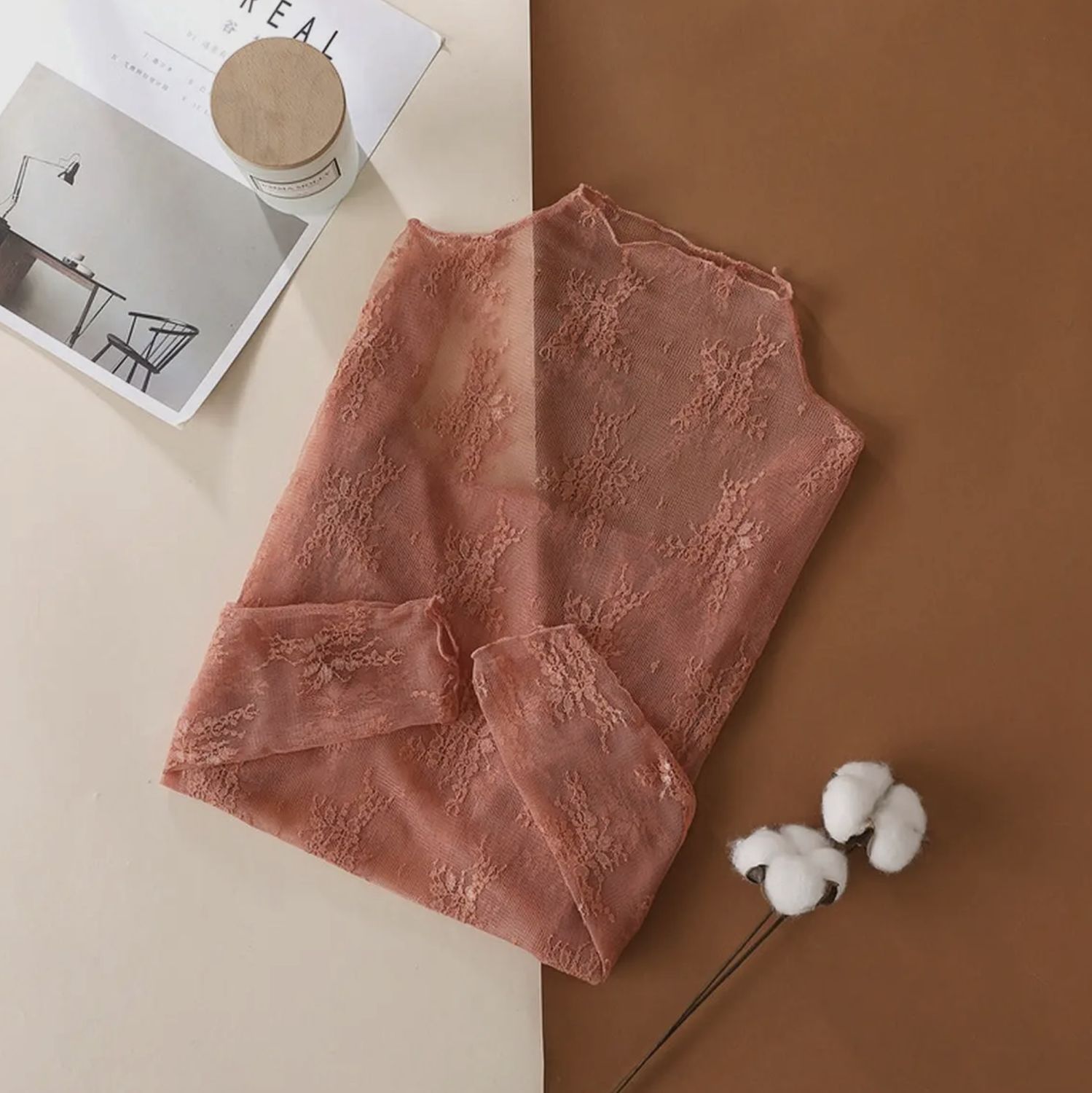 Abbie Sheer Lace Shirt - Caramel, Color: Caramel, Size: Small