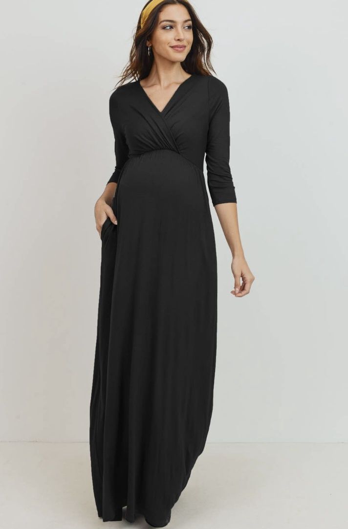 3/4 Sleeve Surplice Maternity/Nursing Maxi Dress, Color: Black, Size: Small