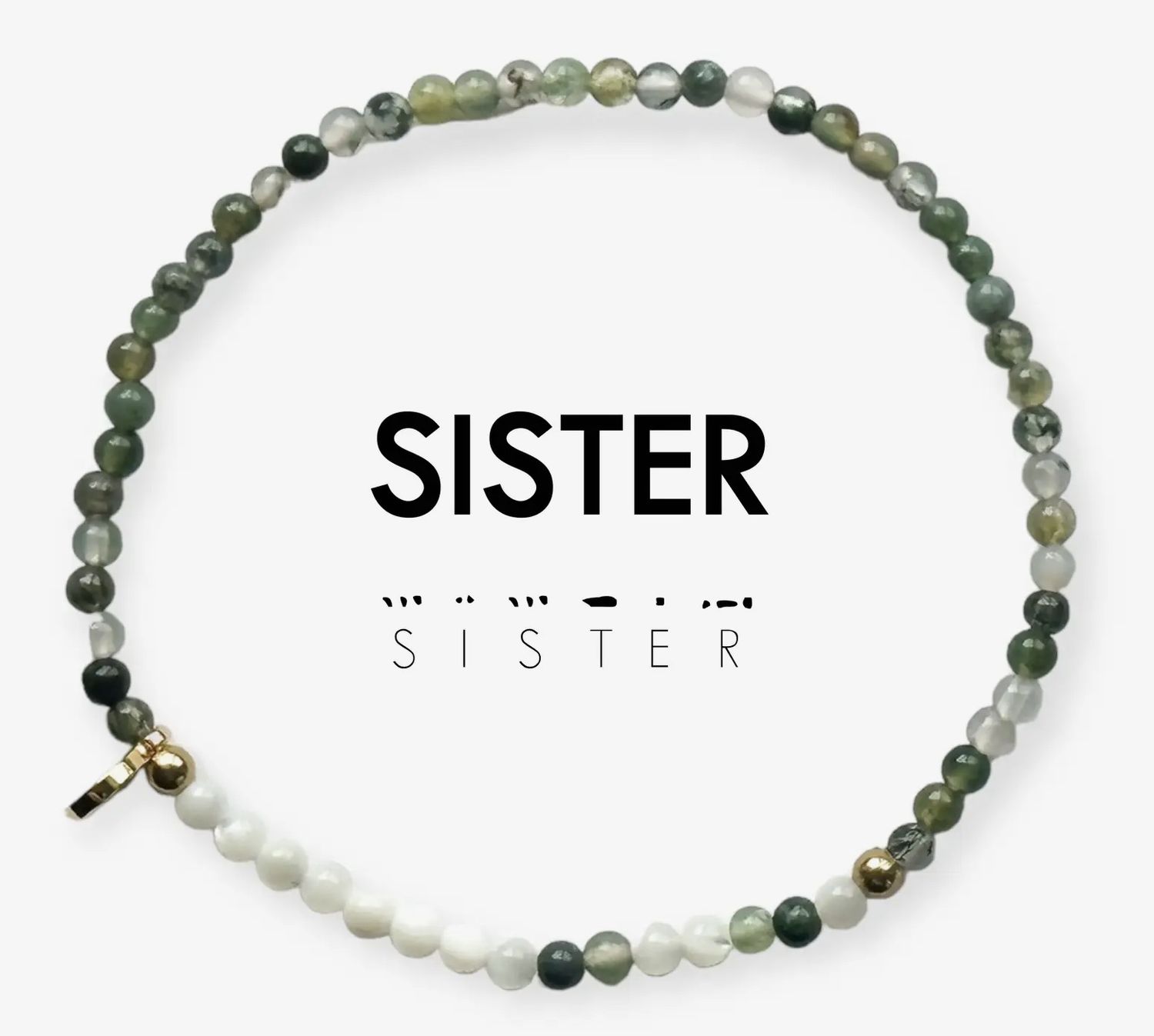 Sister Morse Code Bracelet, Color: Moss Agate &amp; Mother of Pearl