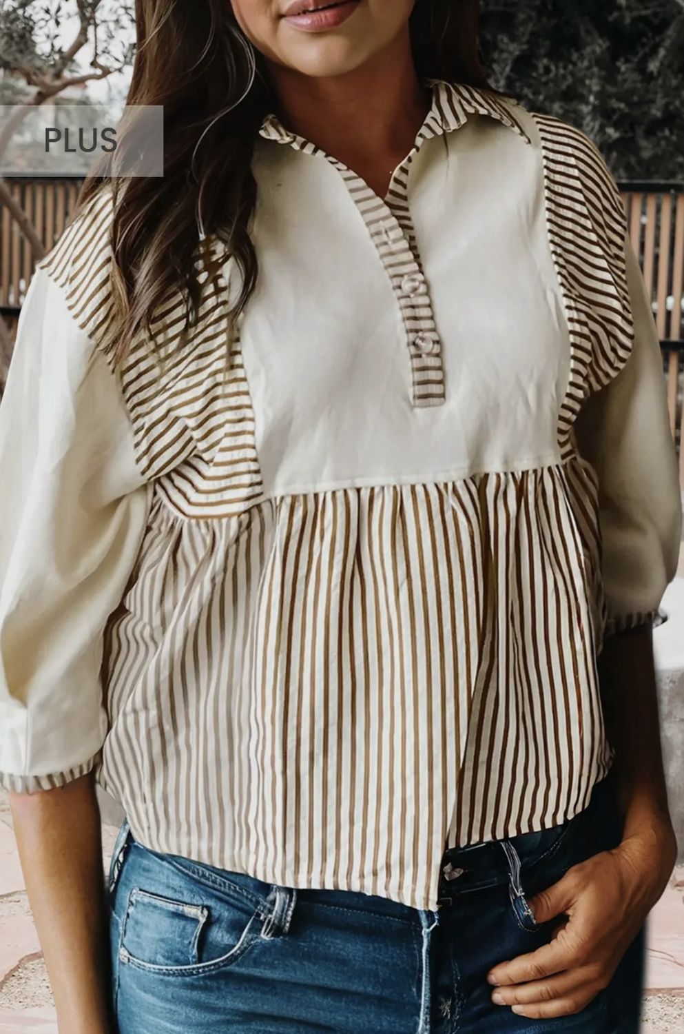 Lena Long Sleeve Peplum Blouse, Color: Brown, Size: 1X