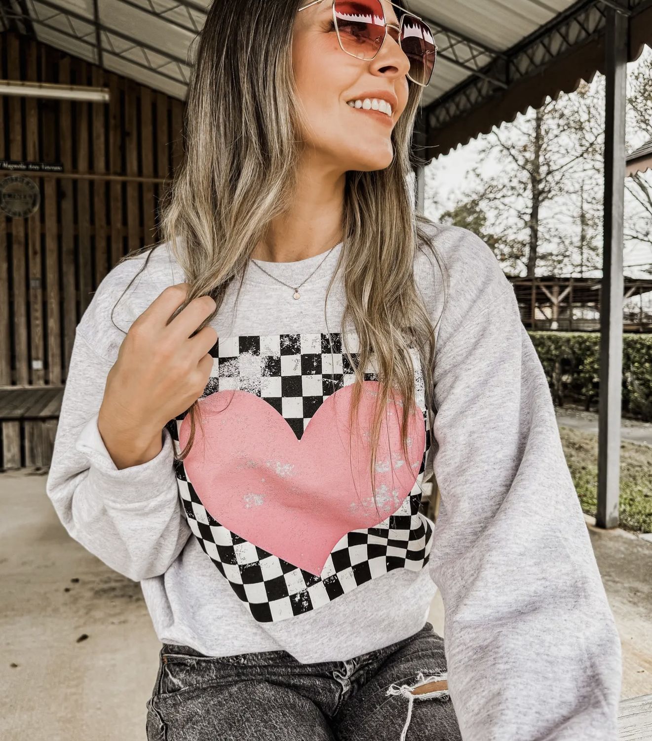 Checkered Heart Valentine Sweatshirt, Color: Ash Grey, Size: Small