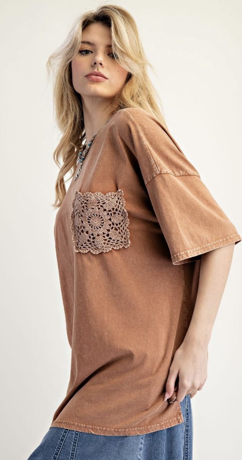 Mineral Washed Short Sleeve Top - Wooden, Color: Wooden, Size: Small