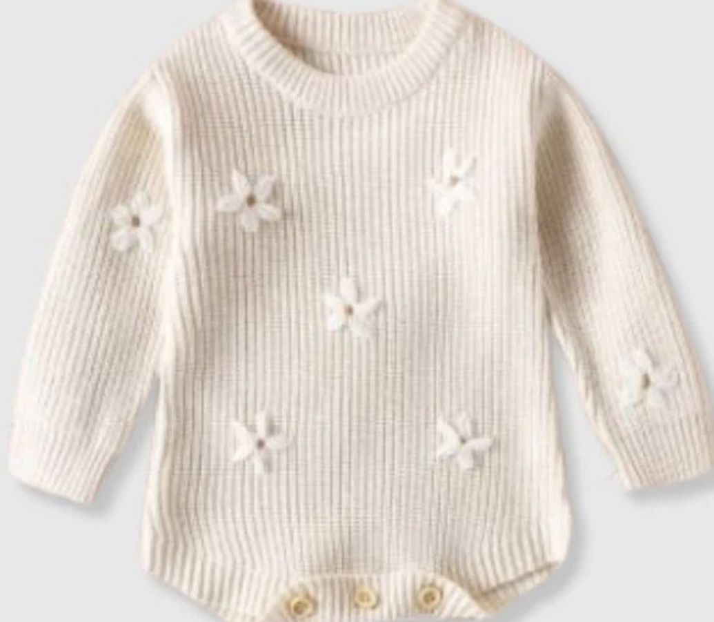 Regan Embroidered Flower Onesie - Cream, Color: Cream, Size: NB
