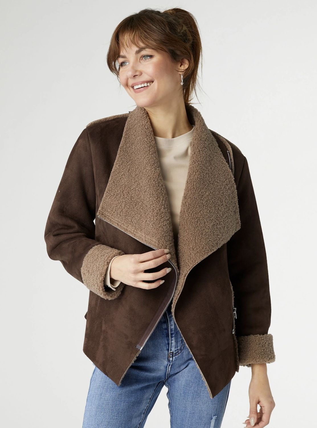 Adara Faux Suede Moto Jacket, Color: Brown, Size: XS