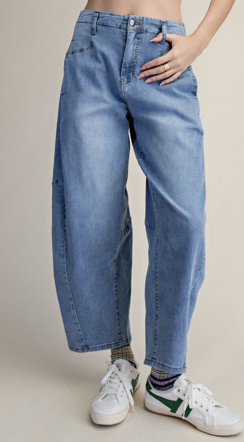 Washed Denim Barrel Jeans, Color: Washed Denim, Size: Small