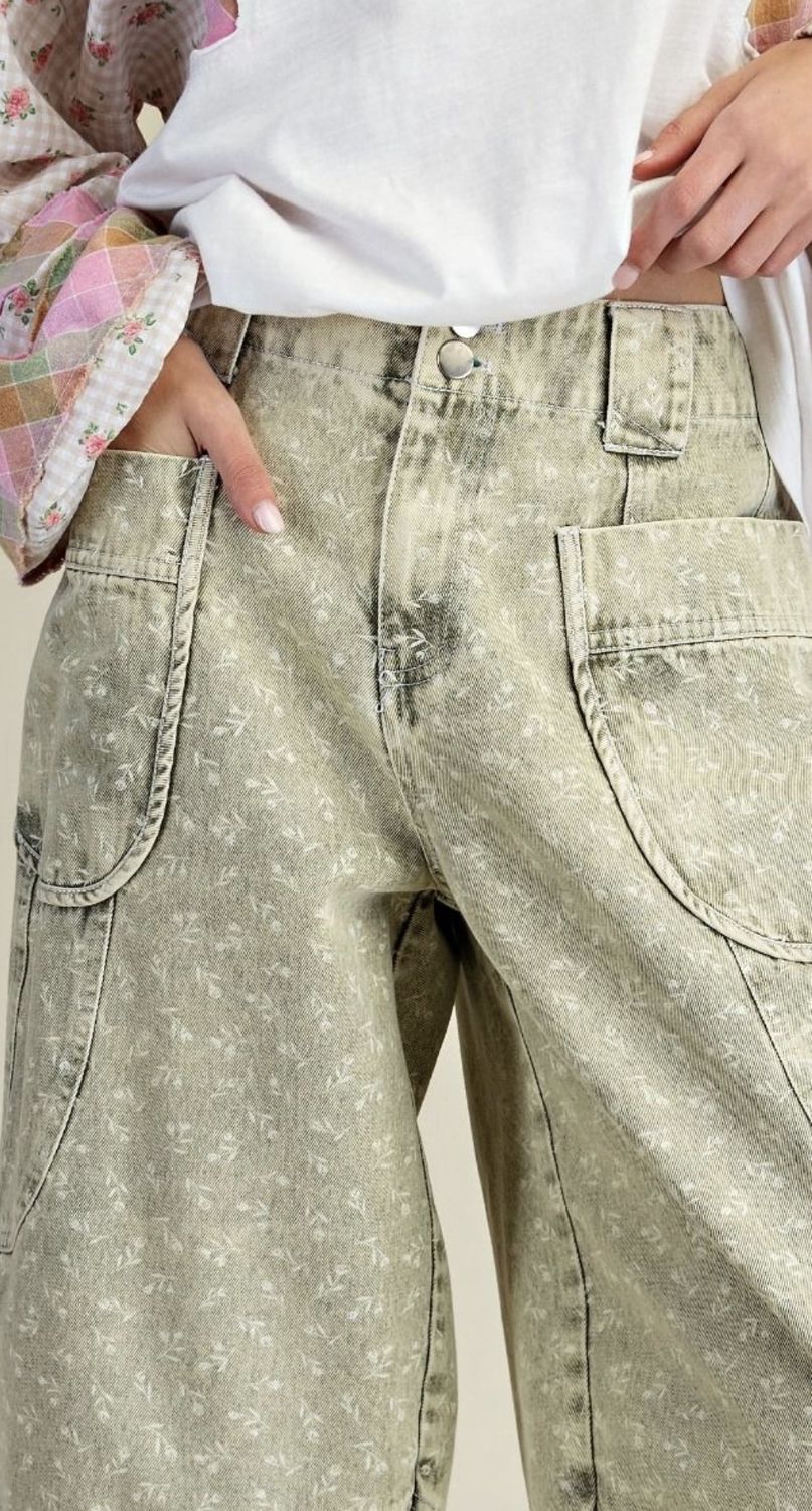 Floral Printed Washed Twill Barrel Pants, Color: Faded Olive, Size: Small