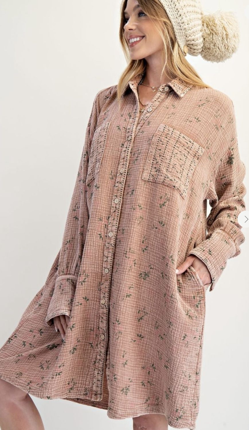 Printed Cotton Gauze Washed Shirt Dress, Color: Mocha Mousse, Size: 1X