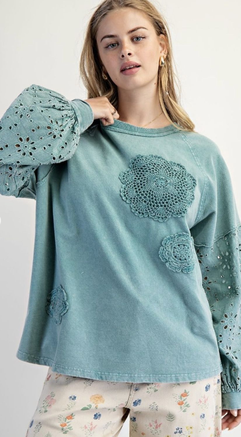 Eyelet Lace Washed Terry Pullover, Color: Faded Teal, Size: Small