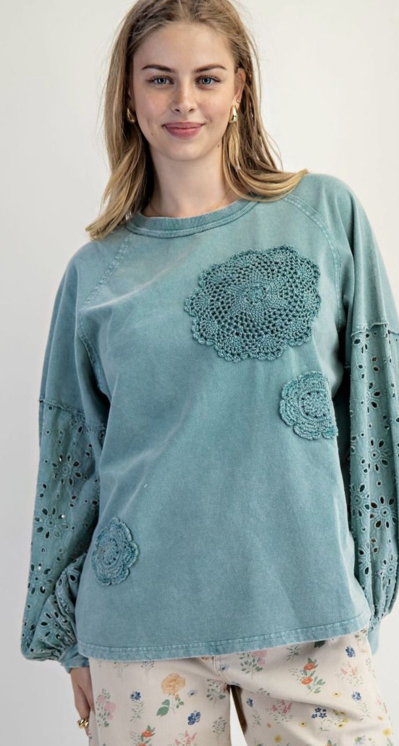 Eyelet Lace Washed Terry Pullover Plus, Color: Faded Teal, Size: 1X