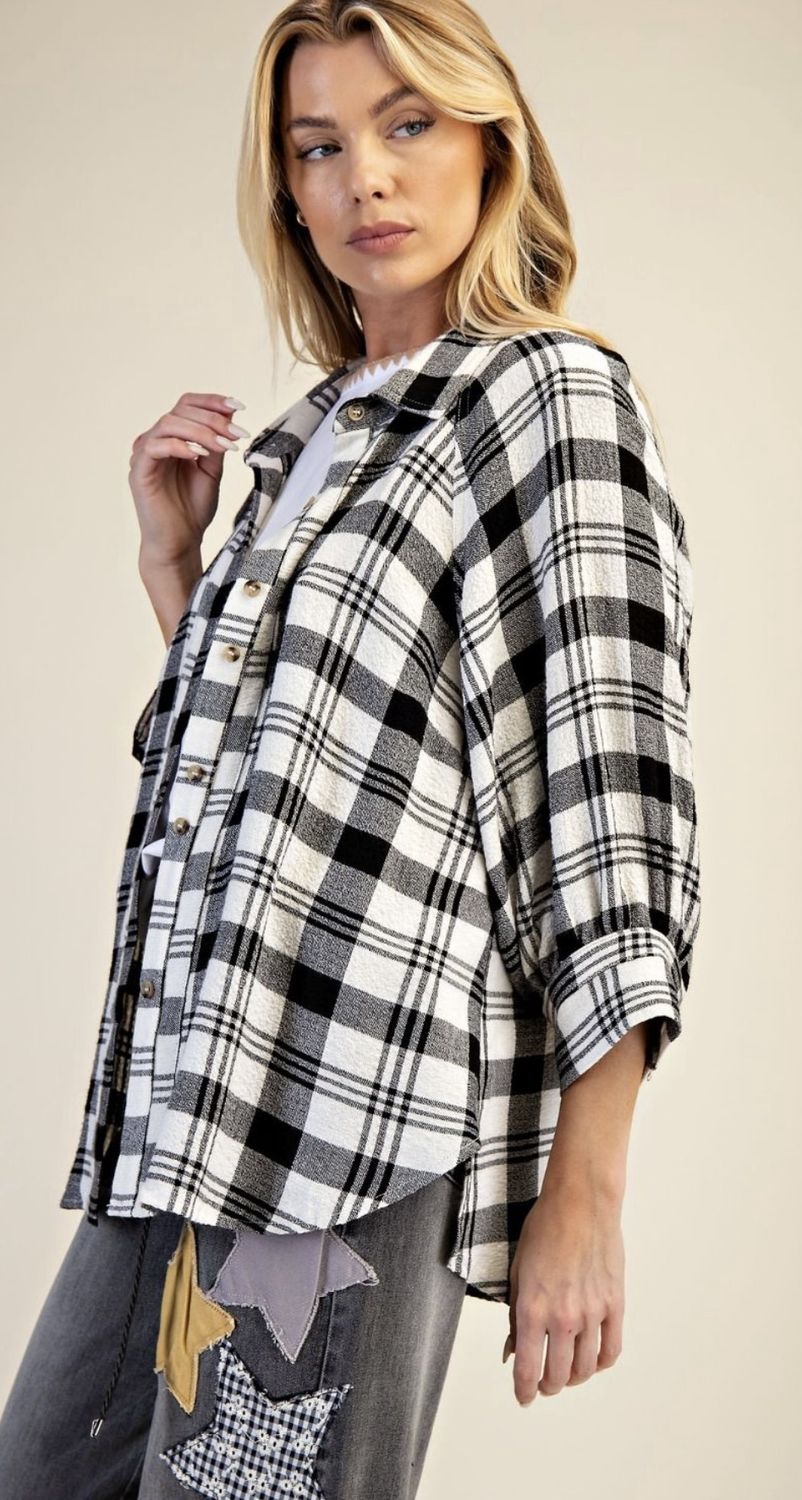 Plaid Woven Button Down Shirt Plus, Color: Black, Size: 1X