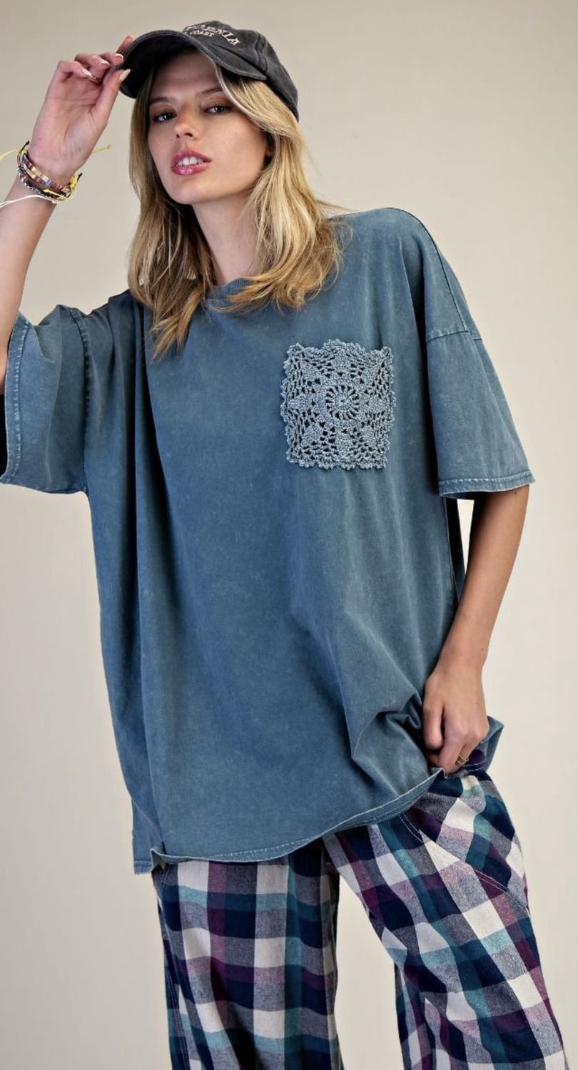 Mineral Washed Short Sleeve Top - Faded Teal, Color: Faded Teal, Size: Small