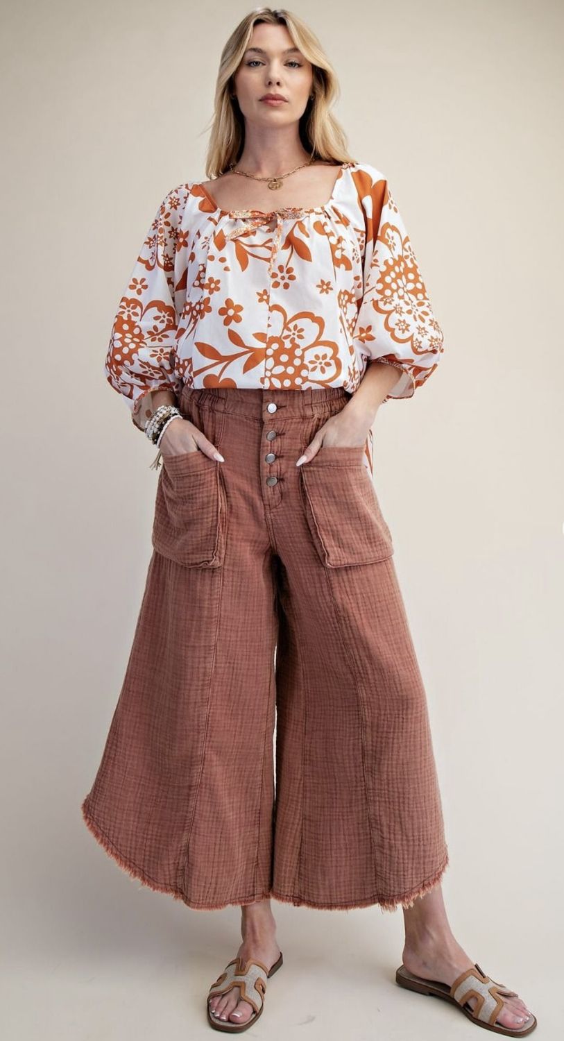 Washed Cotton Gauze Palazzo Pants, Color: Pecan Brown, Size: Small