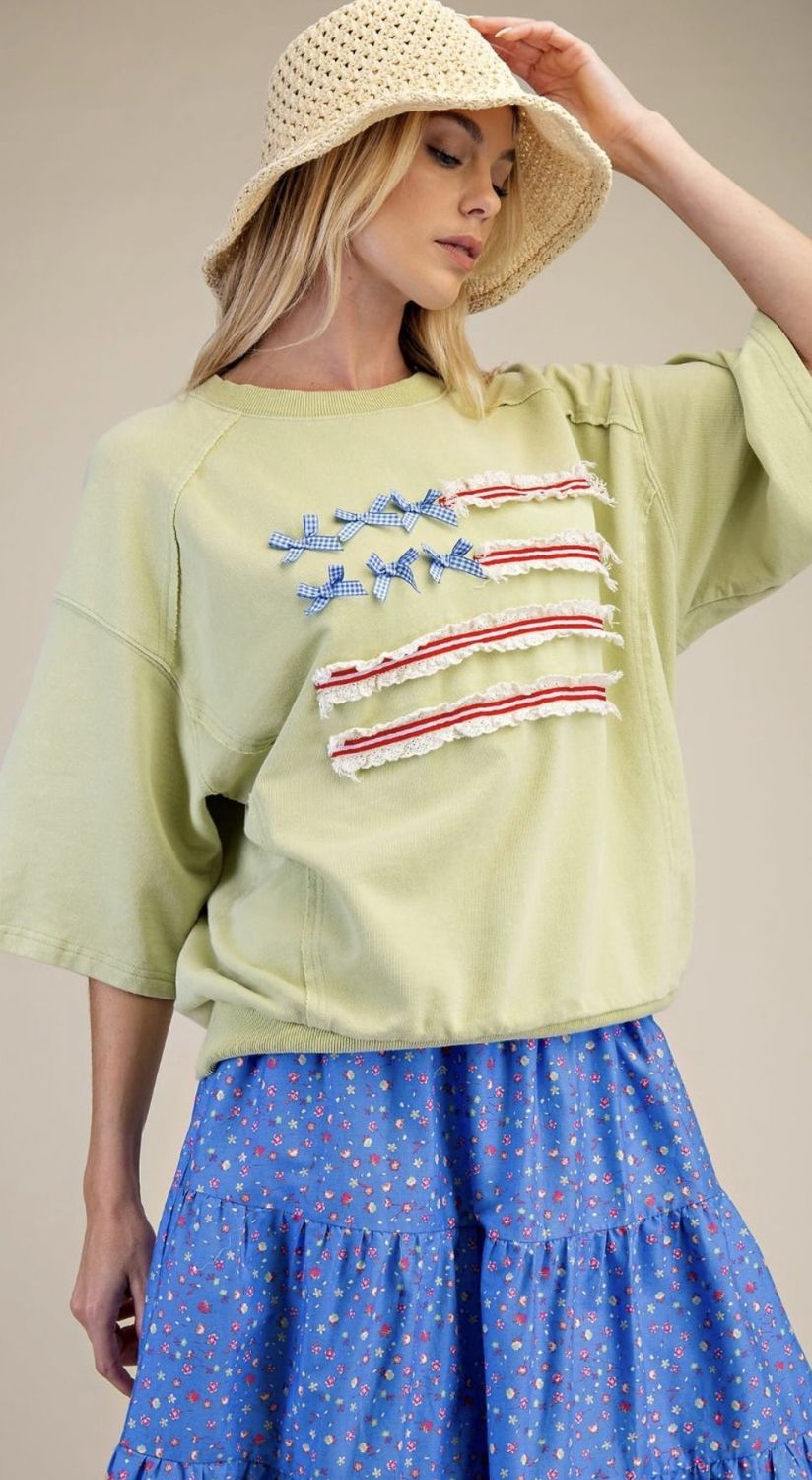 American Flag Washed Terry Pullover, Color: Apple Green, Size: Small