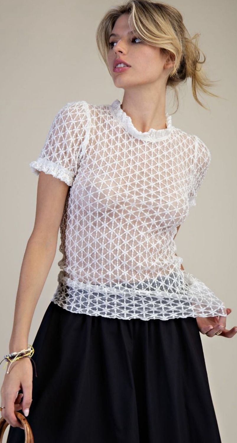 Textured Mesh Sheer Lace Top, Color: White, Size: Small