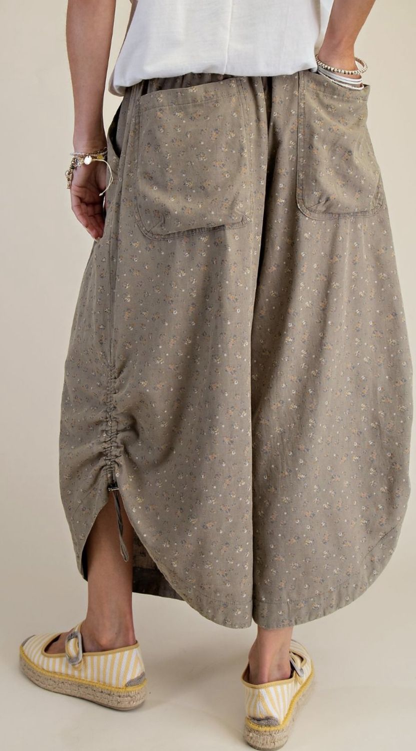 Floral Printed Mineral Washed Pants, Color: Ash Mocha, Size: Small