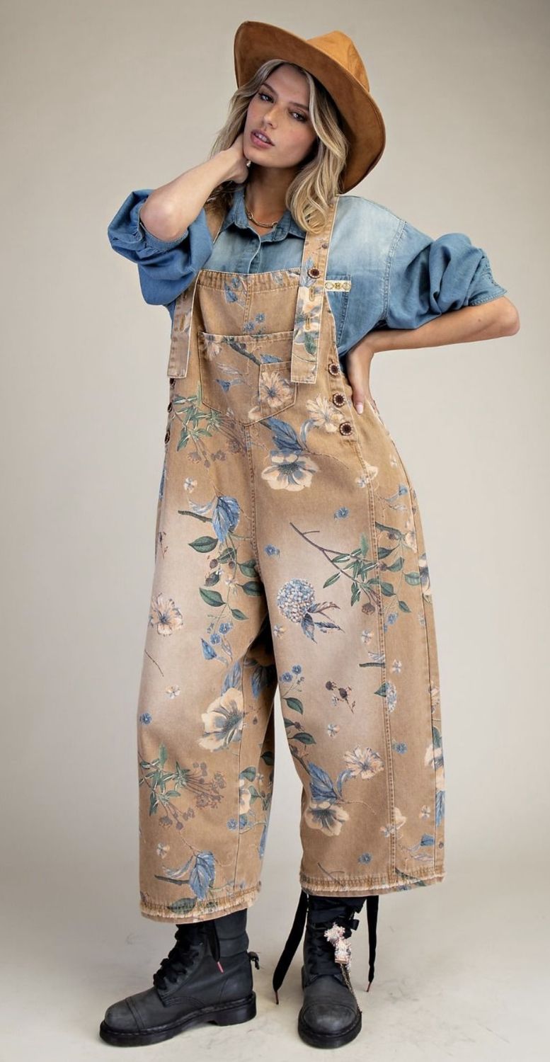 Flower Printed Denim Overalls, Color: Mocha, Size: Small