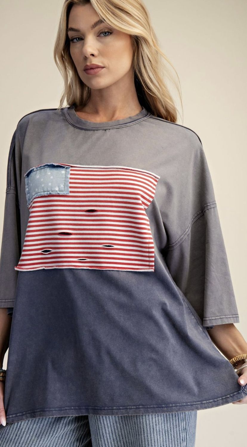 American Flag Patch Washed Top, Color: Navy, Size: Small