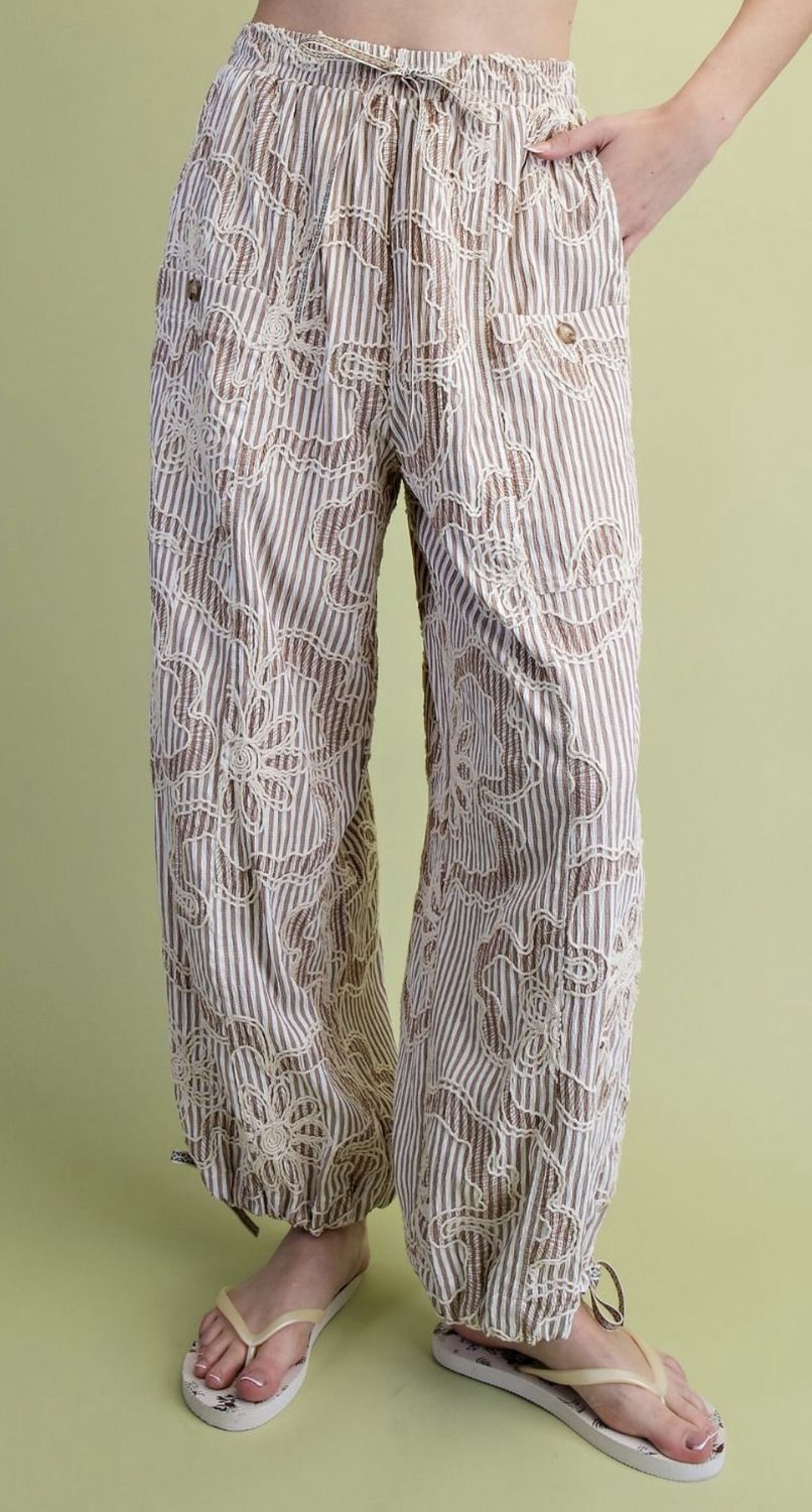 Boho Striped Woven Pants, Color: Mocha, Size: Small