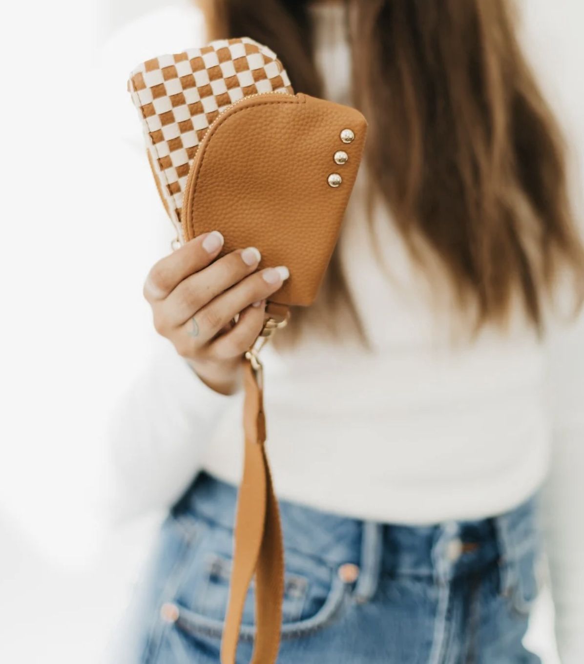 Wonderlust Dual Pouch Wristlet, Color: Brown Checkered