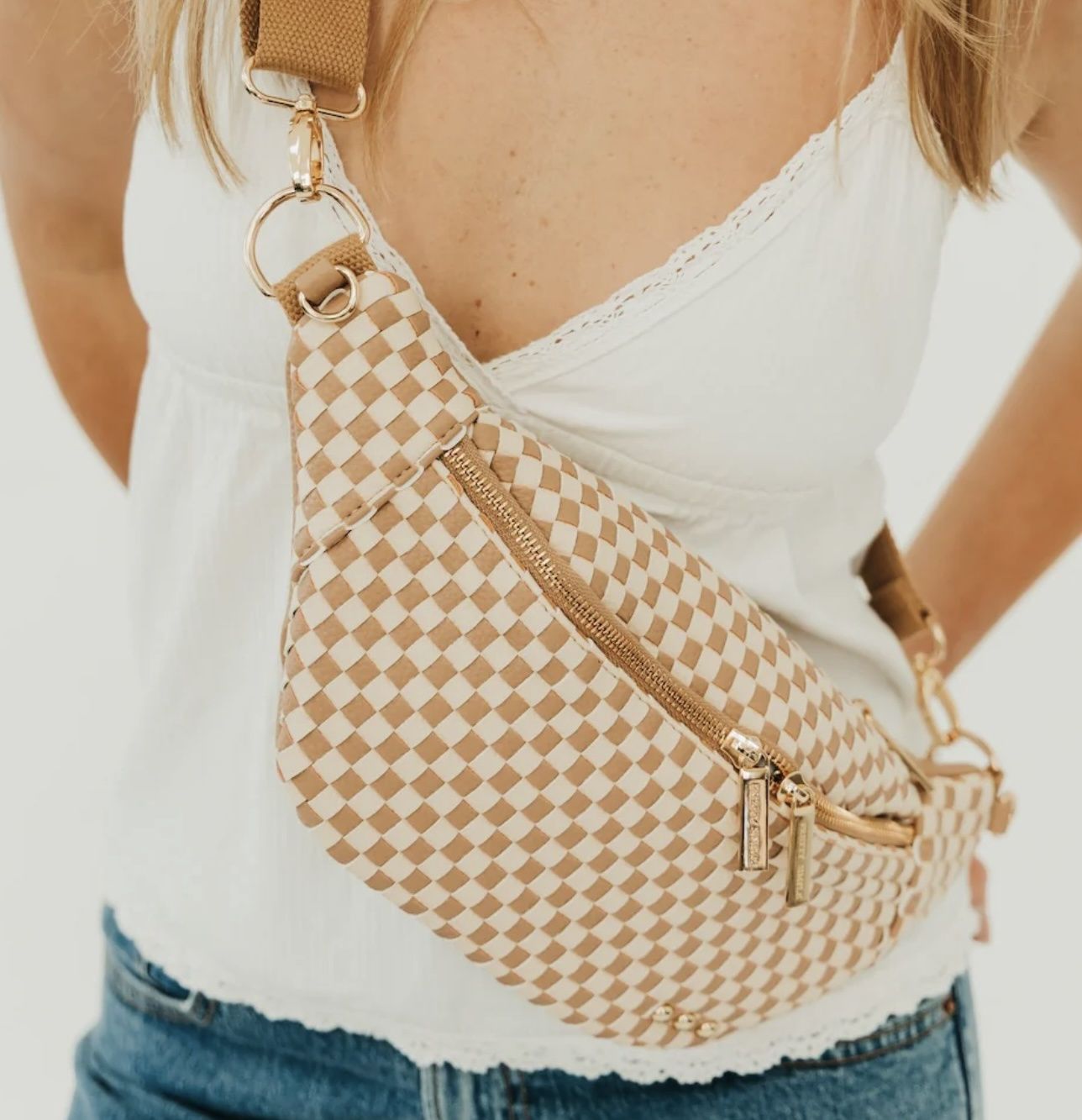 Woven Susie Sidekick Bum Bag, Color: Tan Checkered