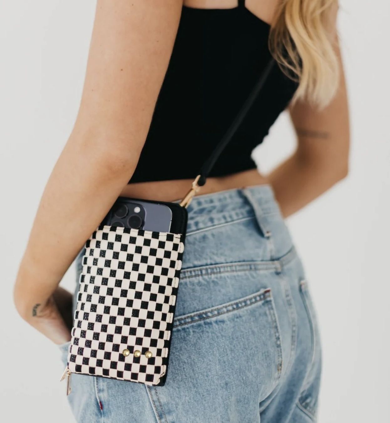 Woven Double Duty Phone Bag, Color: Checkered Black