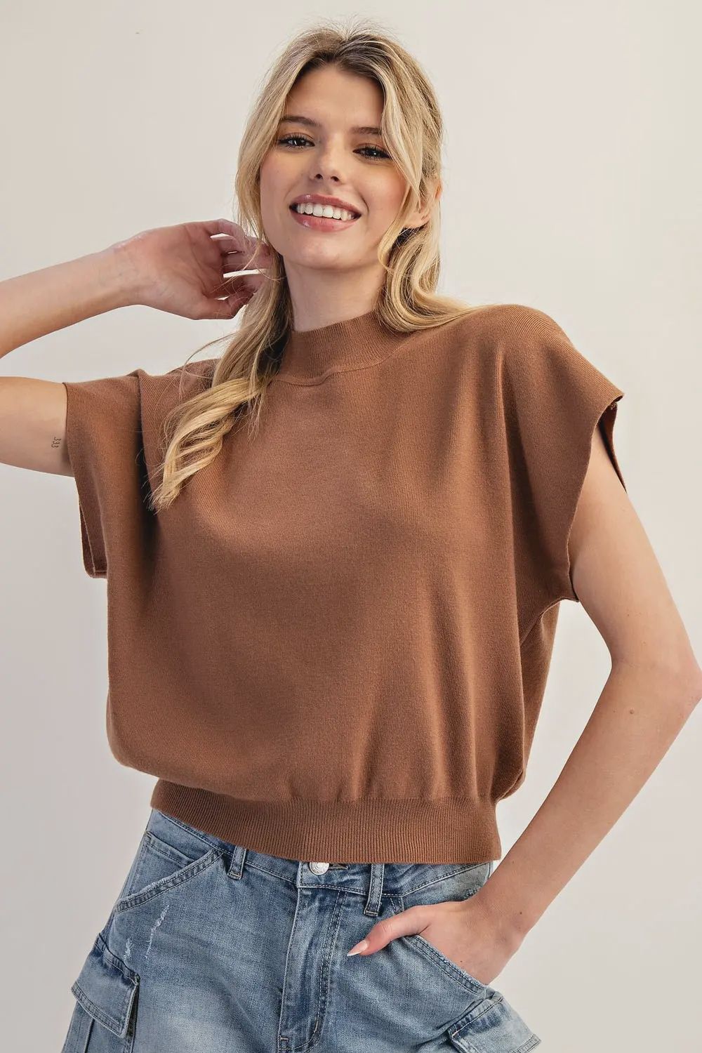 Olivia Mock Neck Short Sleeve Top, Color: Coco, Size: Small