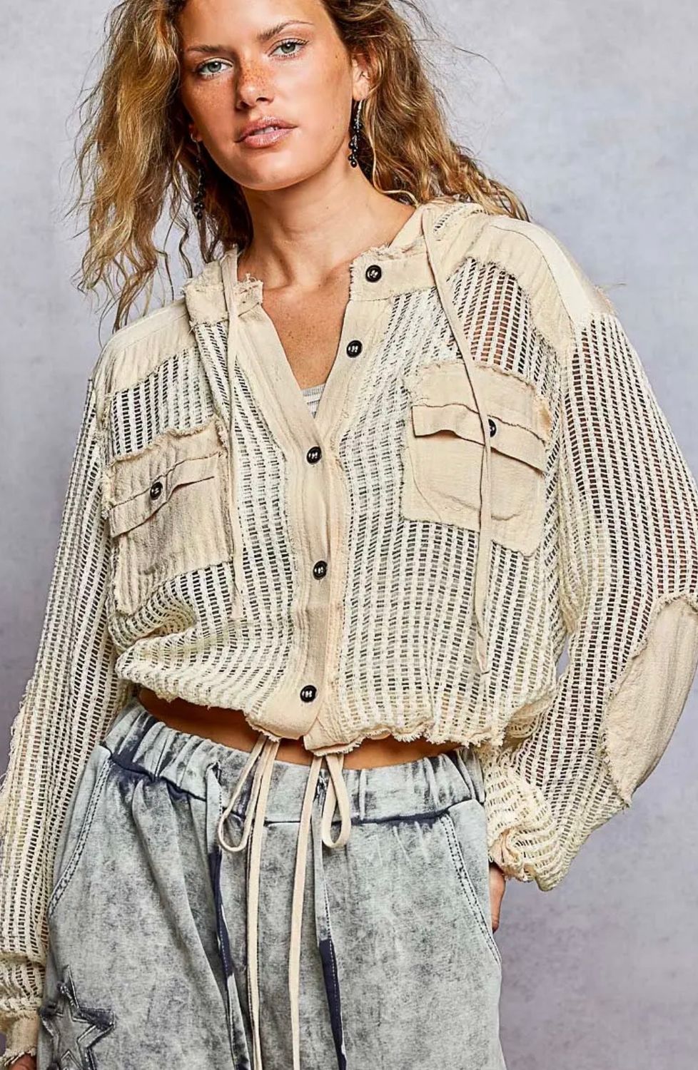 Dallas Weaved Hoodie Top - Cream, Color: Cream, Size: Small