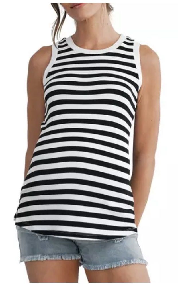 Striped Ribbed Tank Top - Black/White, Color: Stripe, Size: Small